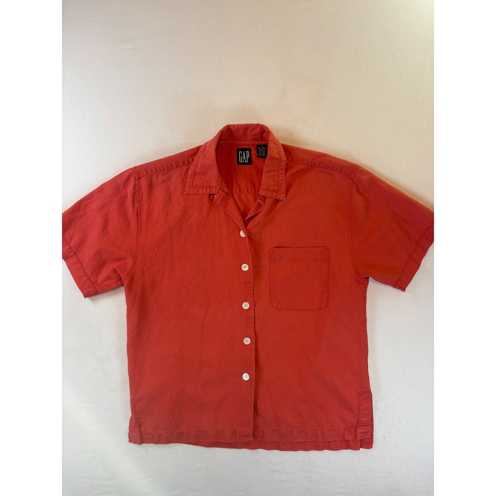 Vintage Gap Shirt Mens Small Coral Red Linen Cotton Short Sleeve Camp Collar
